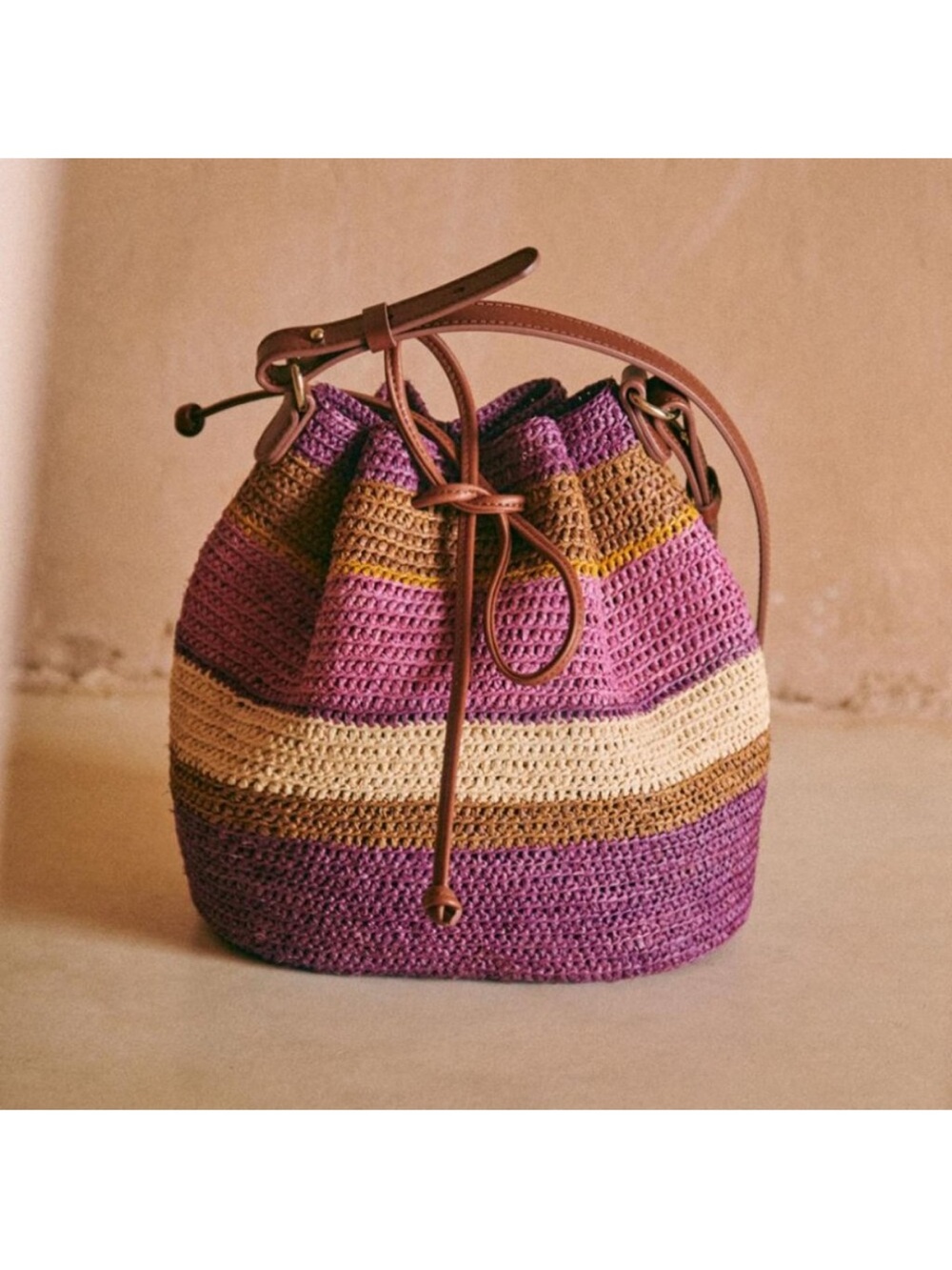 Sezane Farrow Bucket Bag Woven Shoulder Purse Raffia Leather Purple Violet Rare - Picture 6 of 14